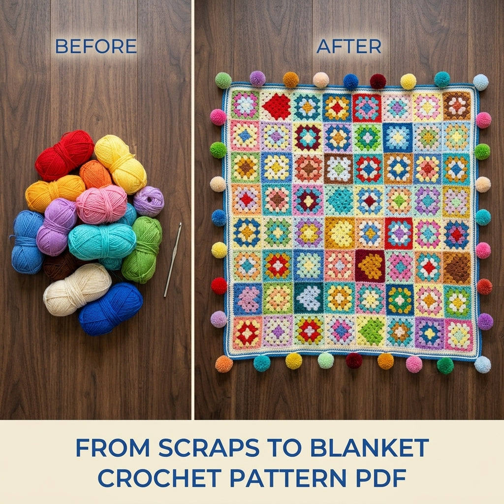 Rainbow Granny Square Pompom Blanket Crochet Pattern PDF – Scrap Throw with Pompoms