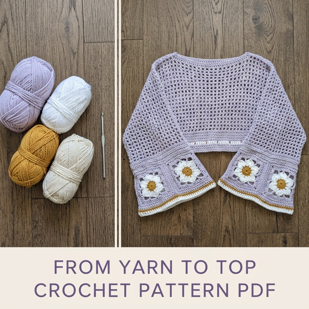 Bell Sleeve Top Crochet Pattern PDF – Lilac Mesh Crop Top with Daisy Squares