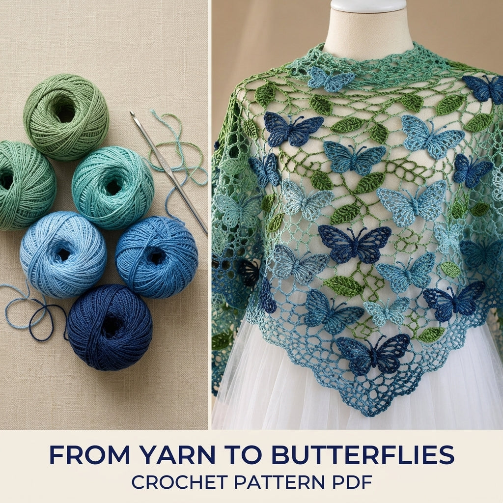 Butterfly Shawl Crochet Pattern PDF – Lace Net Shawl with Butterflies and Leaves