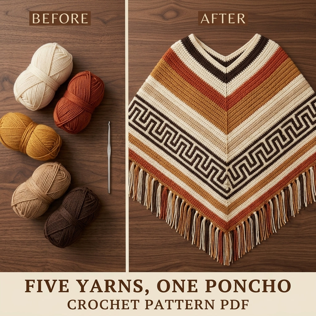 Greek Key Poncho Crochet Pattern PDF – Boho Fringe Poncho with Colourwork Band