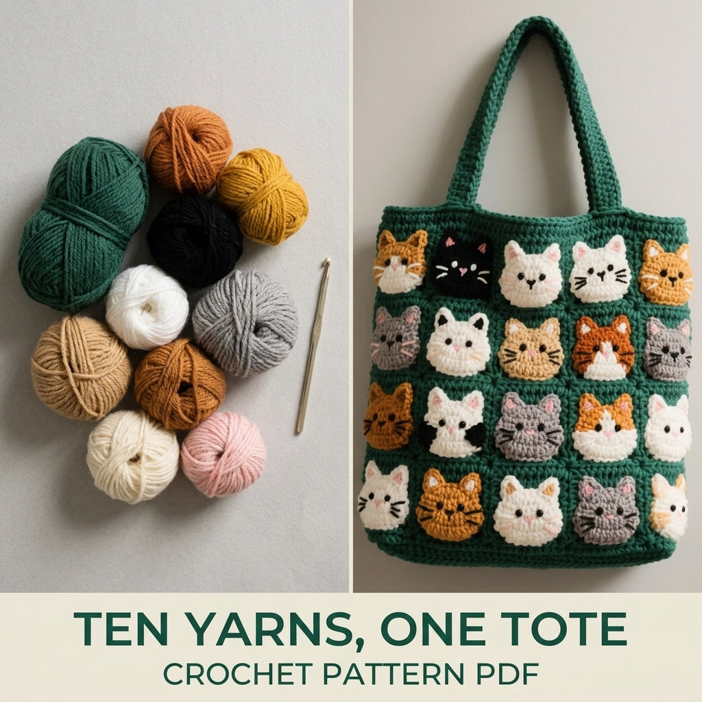 Cat Parade Tote Bag Crochet Pattern PDF – Cute Cat Face Appliqué Shoulder Bag