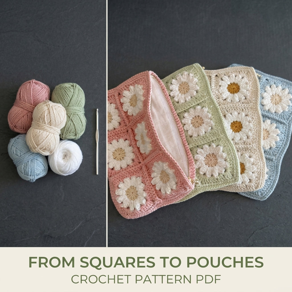 Daisy Granny Zip Pouch Crochet Pattern PDF – Lined Makeup Bag