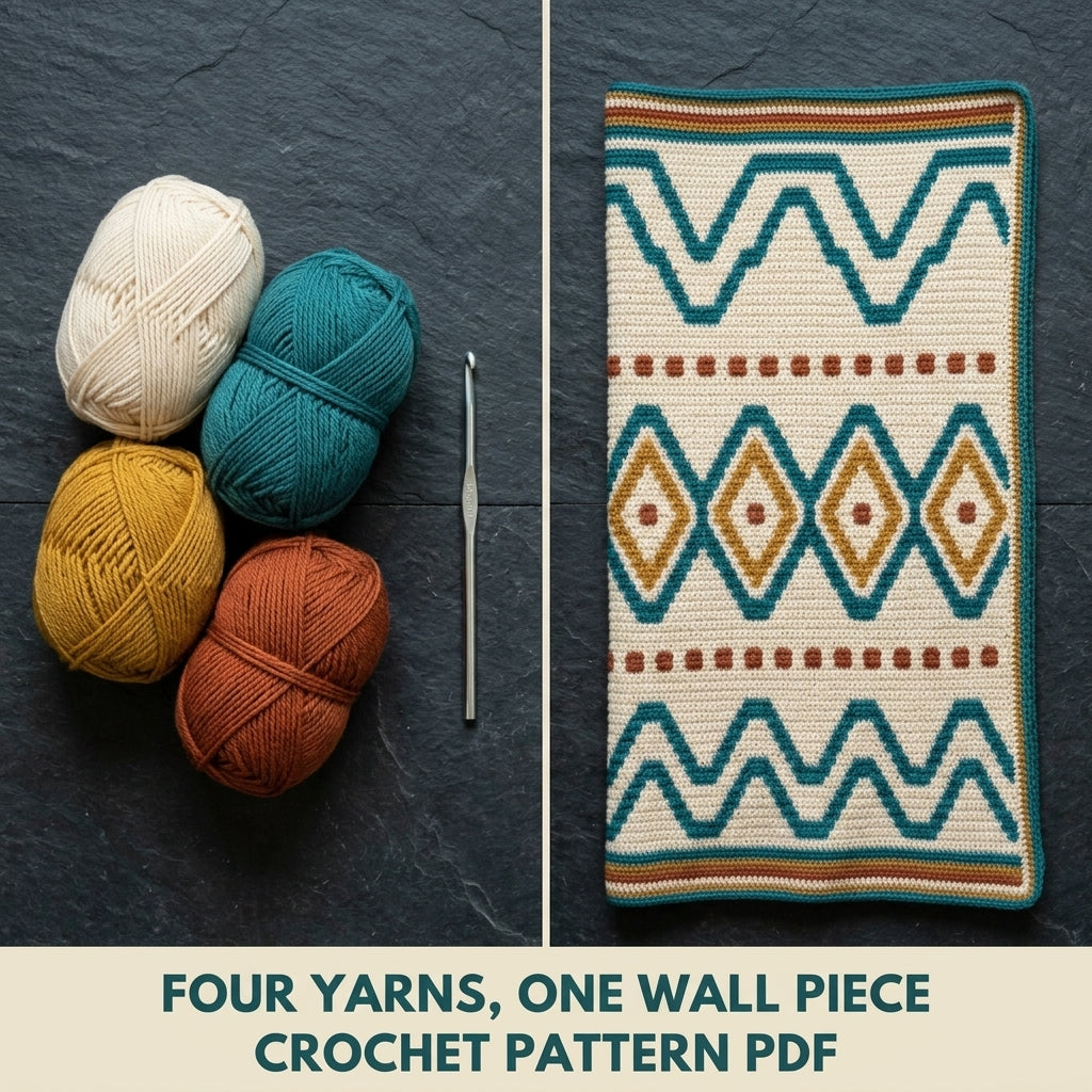 Lozenge Tapestry Crochet Wall Hanging Pattern PDF – Waves and Diamonds in Teal, Mustard and Rust