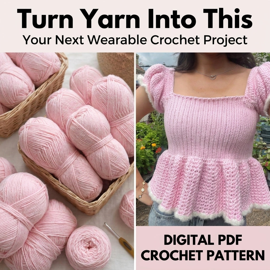 Peplum Crochet Top Pattern | Square Neck Puff Sleeve Ribbed Bodice | Sizes XS–[XX] | PDF Instant Download
