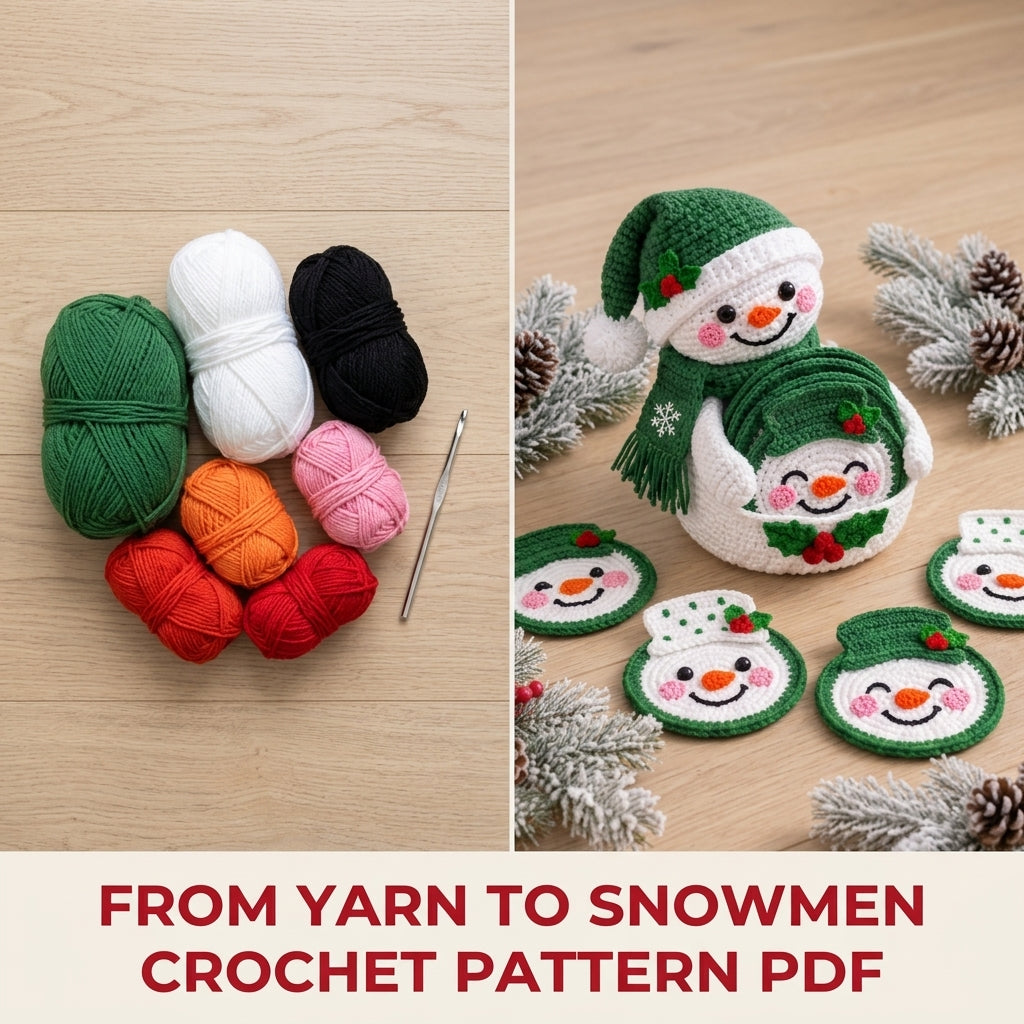 Green Snowman Coaster Set Crochet Pattern PDF – Snowman Coasters with Holder