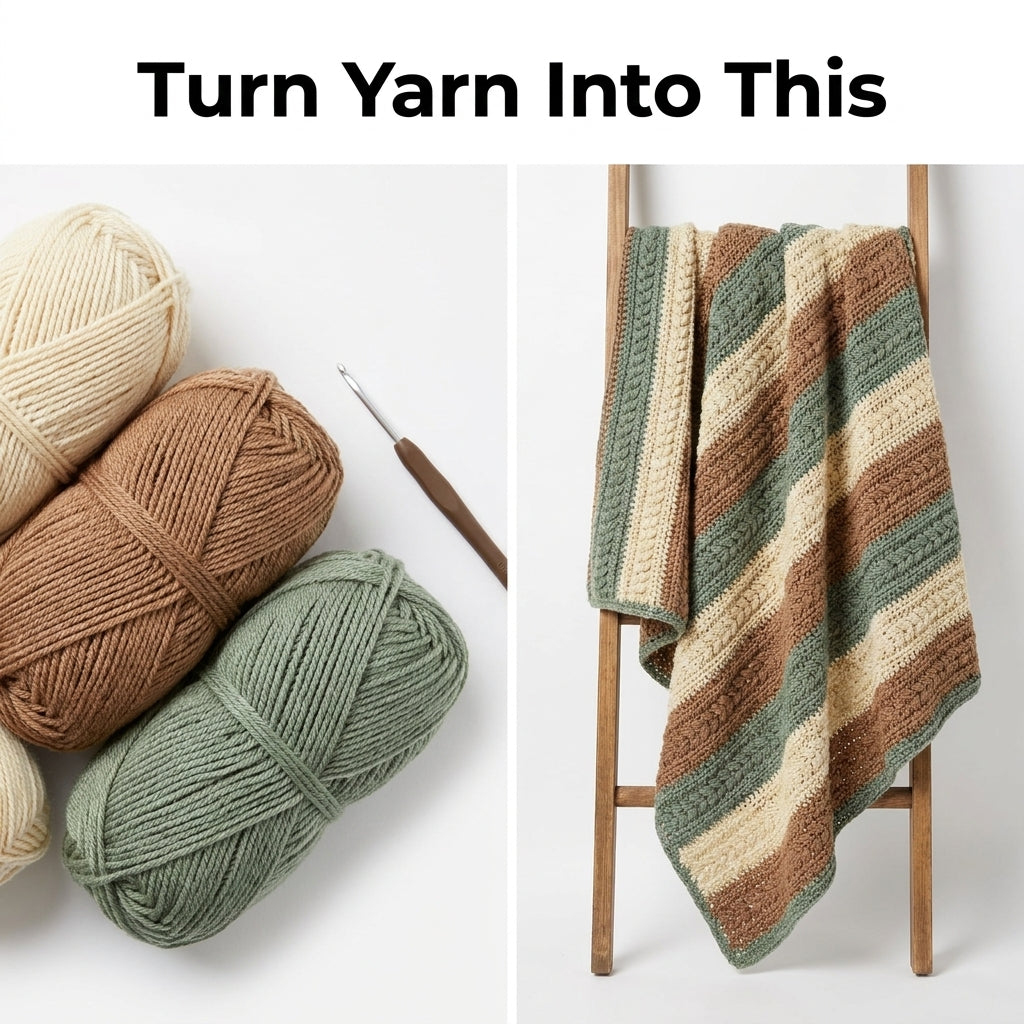 Cabled Stripe Blanket Crochet Pattern — Textured Braid Throw in Earth Tones, 4 Sizes, US Terms, PDF Download