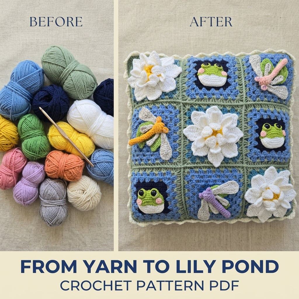 Lily Pond Granny Square Cushion Crochet Pattern PDF – Frogs, Dragonflies and Water Lilies