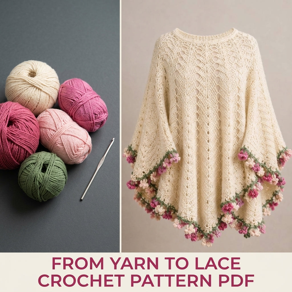 Lace Poncho with Flower Edge Crochet Pattern PDF – Romantic Lace Poncho