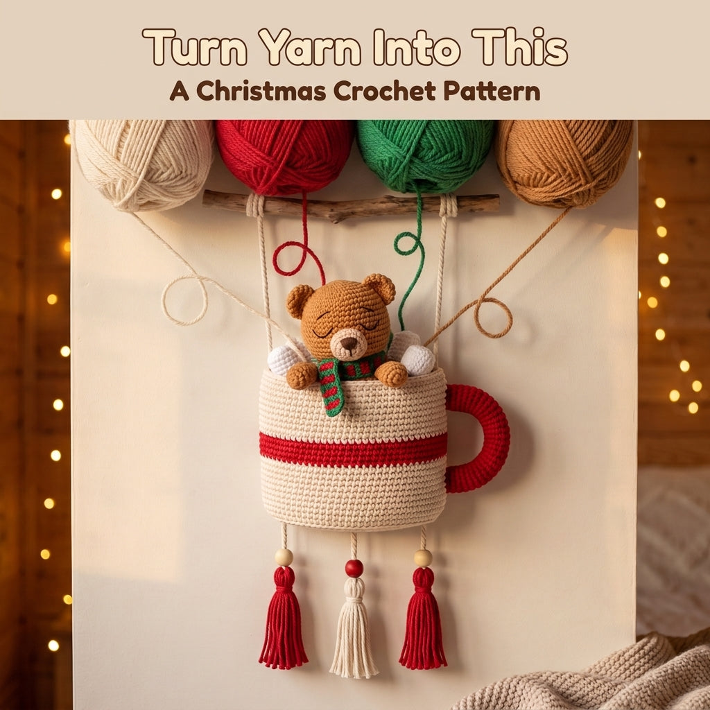 Crochet Cocoa Mug Wall Hanging Pattern – Sleepy Teddy Bear with Marshmallows