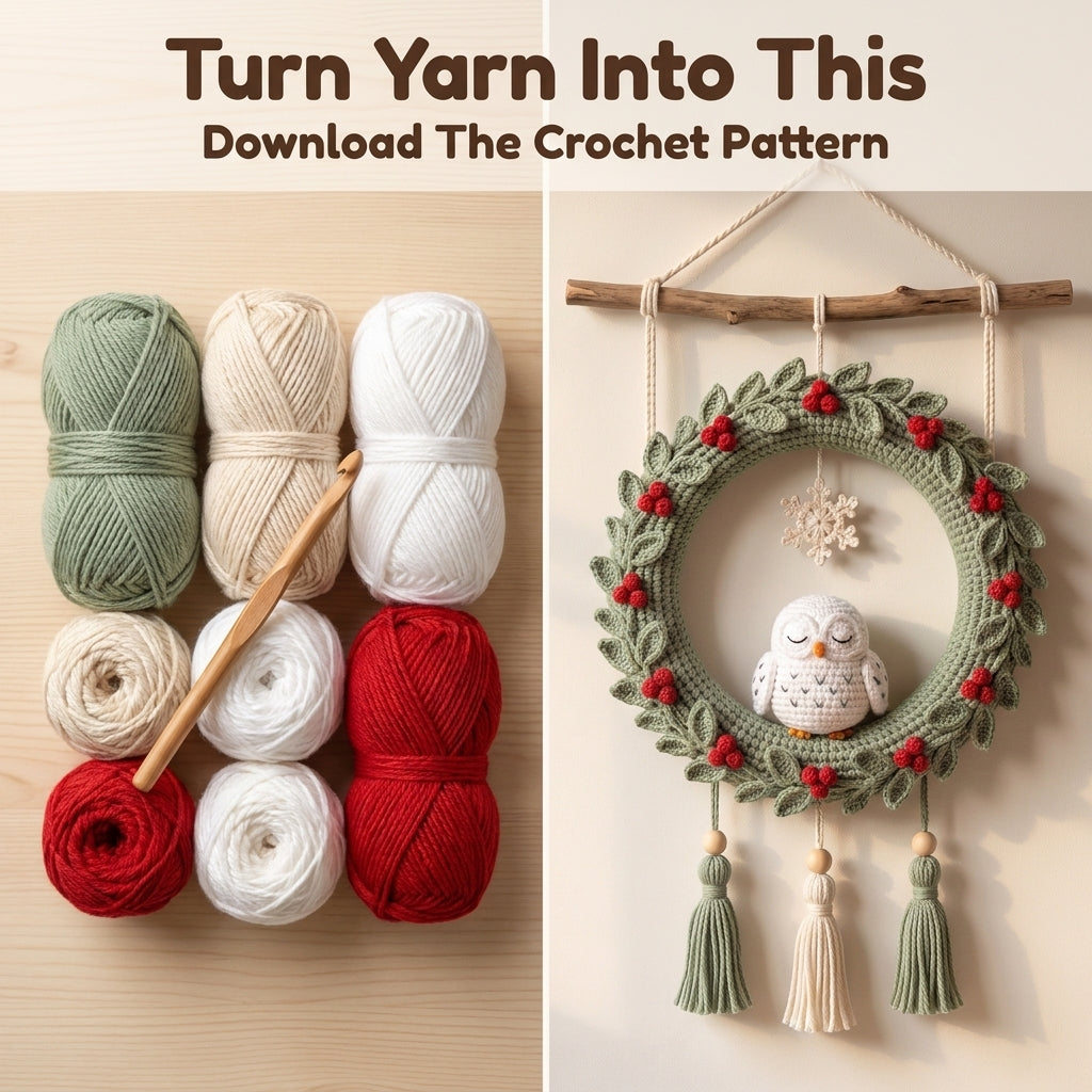 Crochet Wreath Wall Hanging Pattern – Sleeping Snowy Owl with Holly Berries