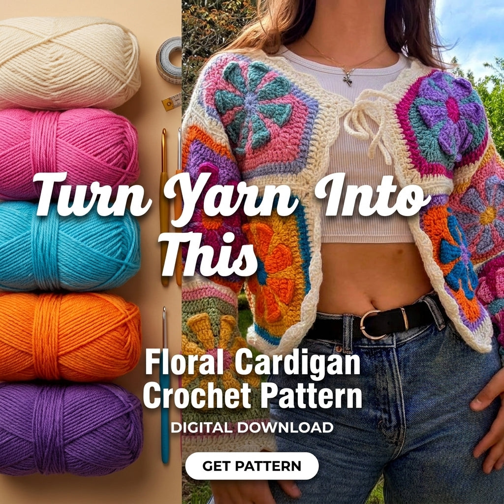 Floral Granny Square Cardigan Crochet Pattern | Cropped Patchwork Cardigan with Cream Border | Sizes XS–[XX] | PDF Instant Download