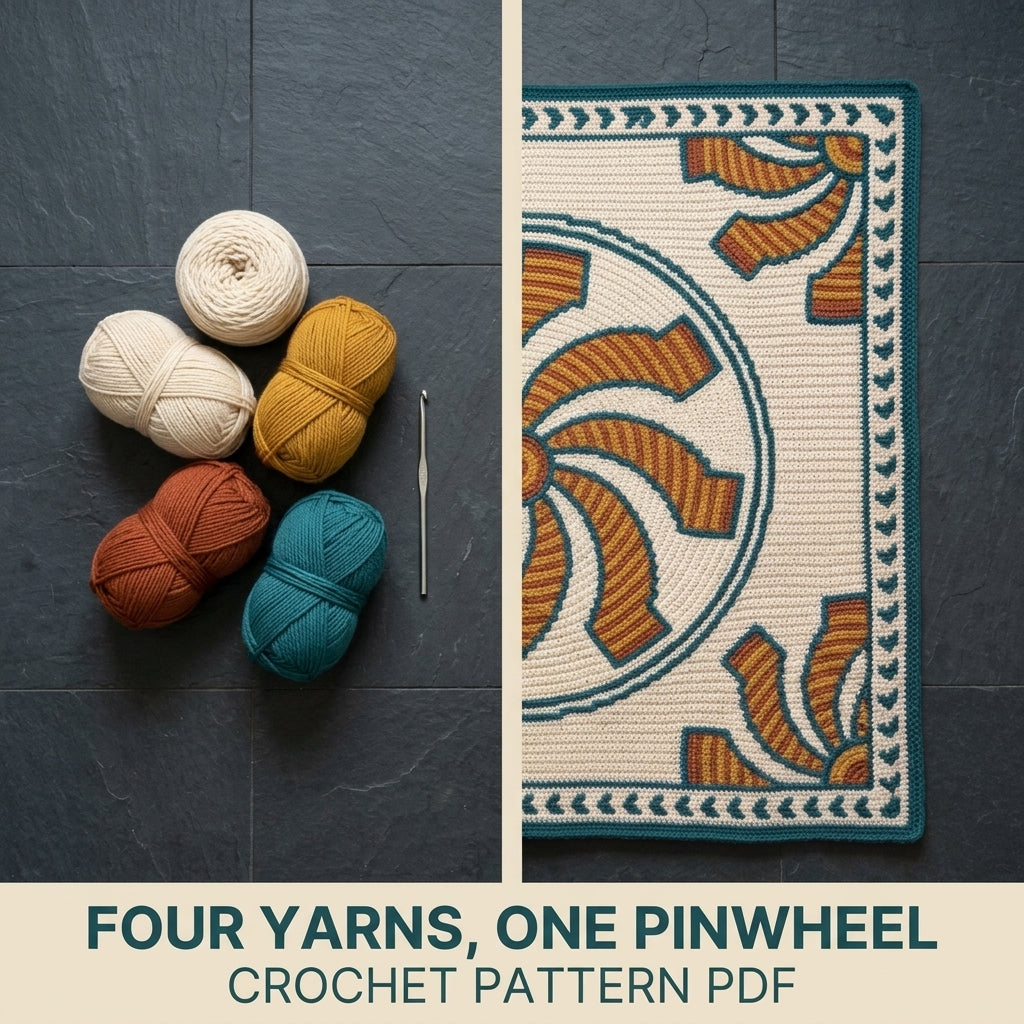 Pinwheel Tapestry Crochet Blanket Pattern PDF – Spinning Sun Throw in Mustard, Rust and Teal