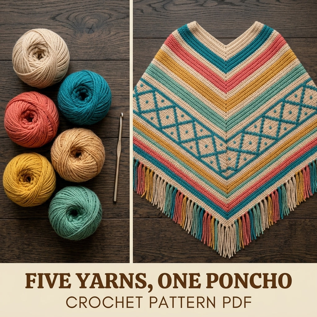 Coastal Lattice Poncho Crochet Pattern PDF – Boho Fringe Poncho with Mosaic Colourwork Band