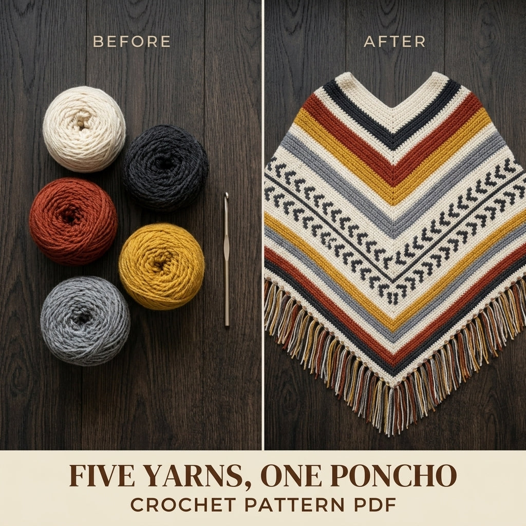 Arrow Stripe Poncho Crochet Pattern PDF – Boho Fringe Poncho with Colourwork Band