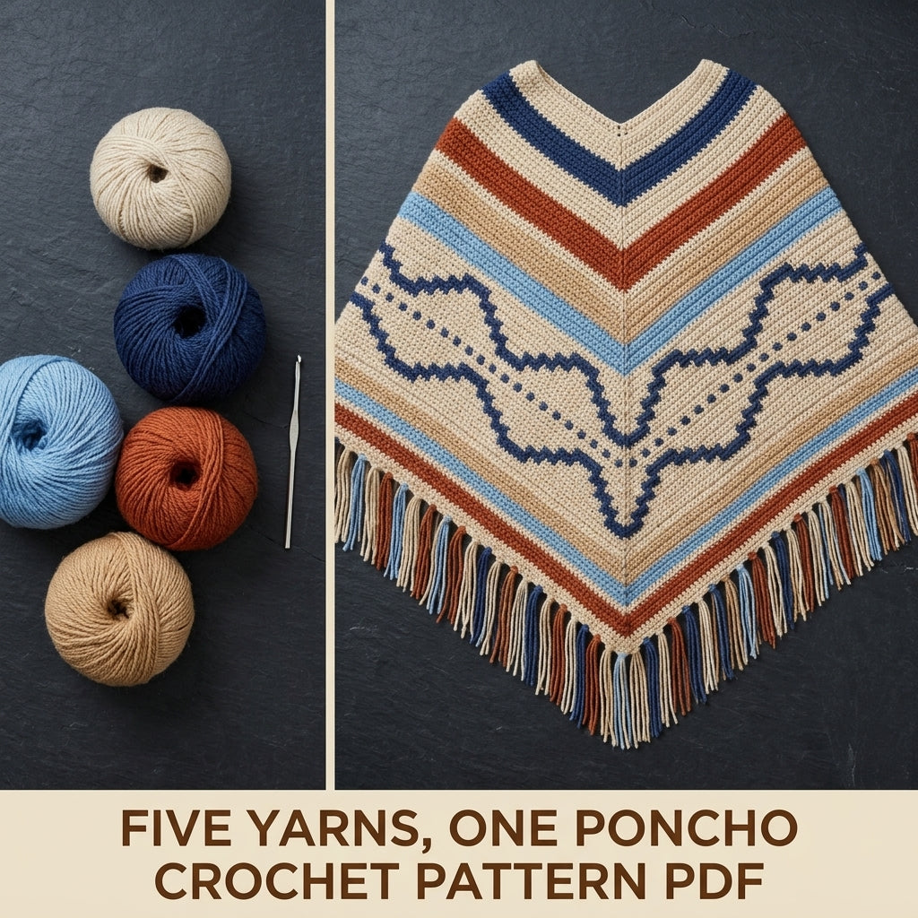 Desert Wave Poncho Crochet Pattern PDF – Boho Fringe Poncho with Mosaic Colourwork Band