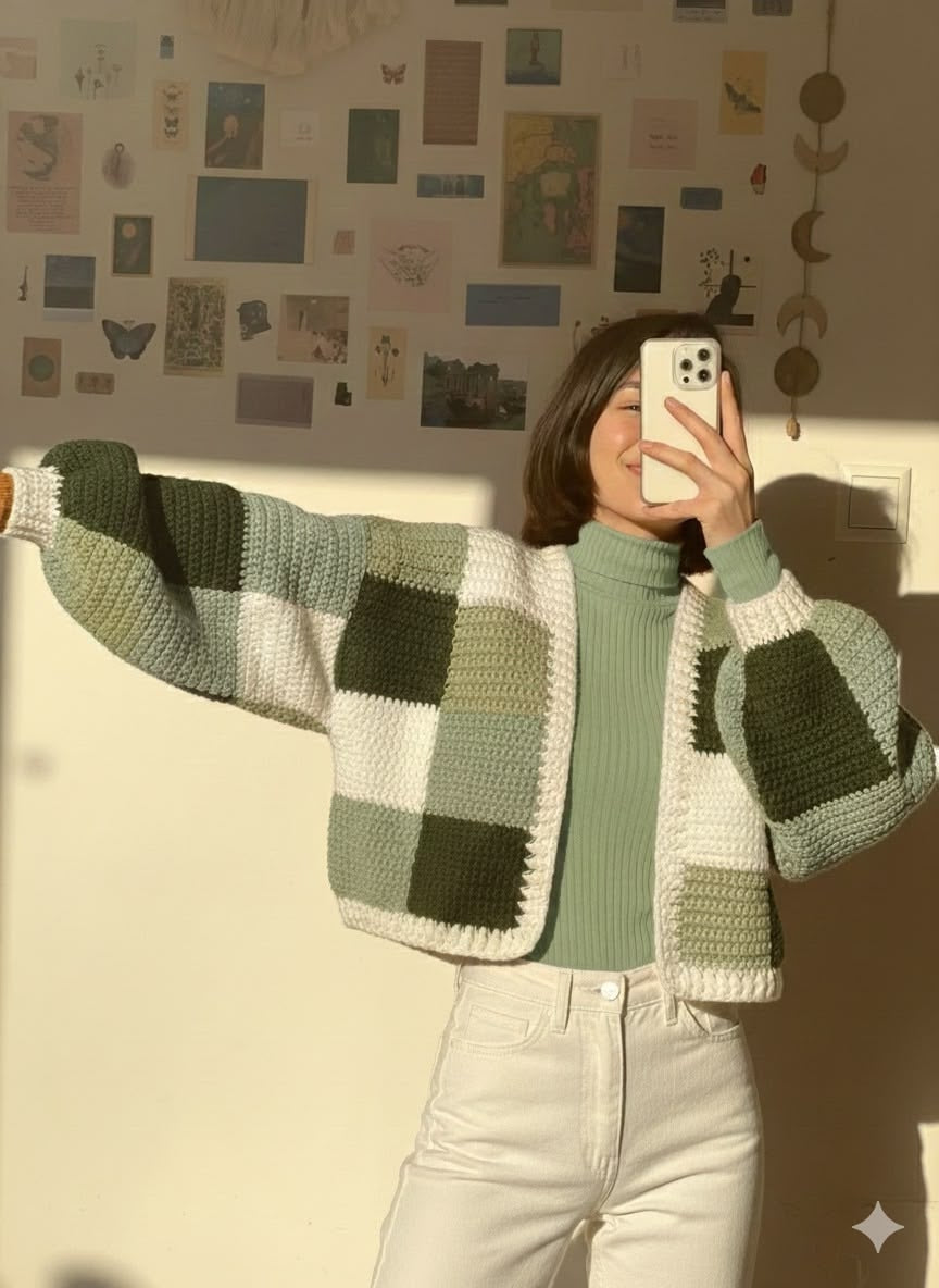 Checkerboard Crochet Cardigan Pattern | Cropped Colour Block Cardigan in Green & Cream | Sizes XS–[XX] | PDF Instant Download