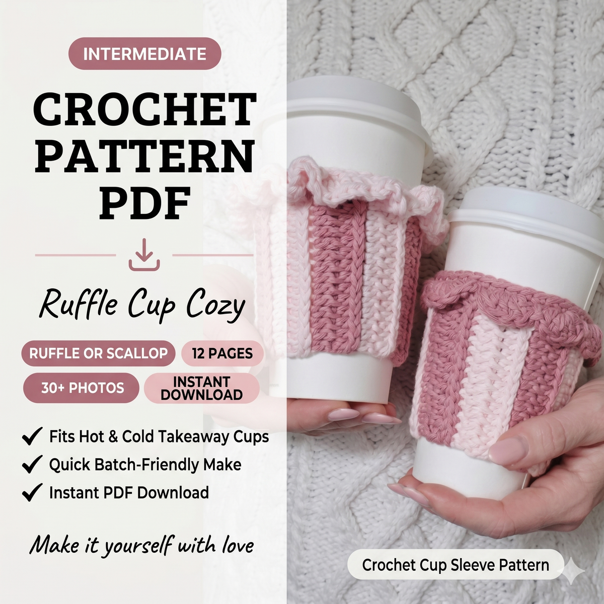 Crochet cup cozy cosy pattern coffee cup sleeve crochet pattern knit look reusable cup cozy market seller frendly PDF
