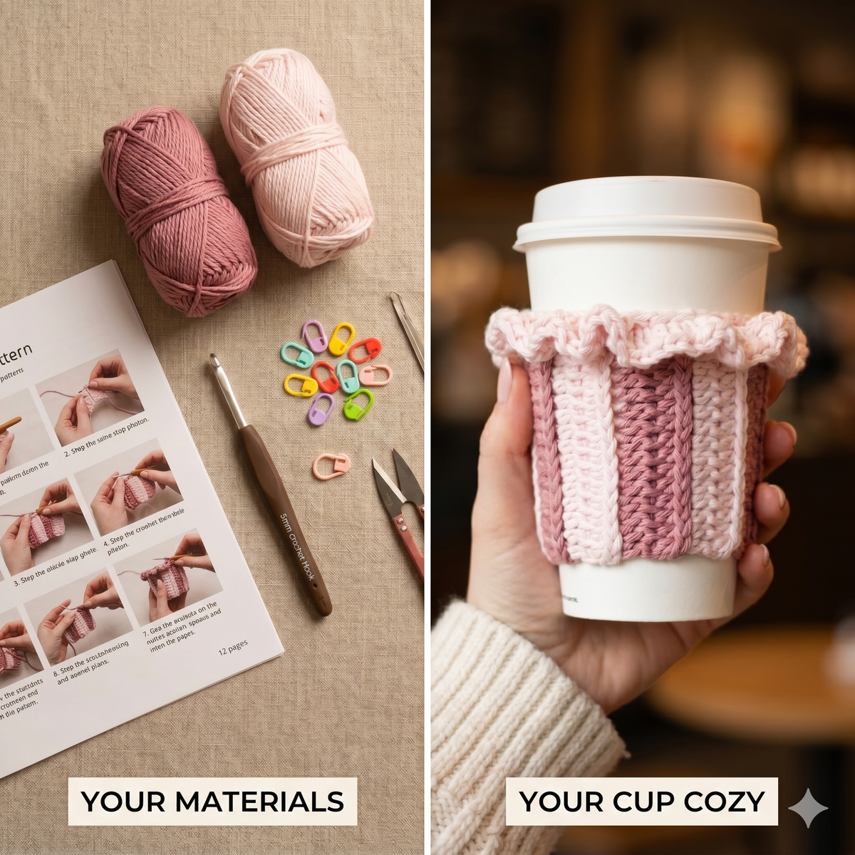 Crochet cup cozy cosy pattern coffee cup sleeve crochet pattern knit look reusable cup cozy market seller frendly PDF