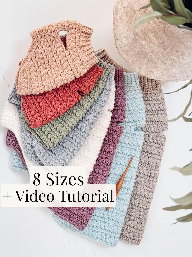 CROCHET PATTERN + VIDEO Top Down Dog Sweater Crochet Pattern – Wheat Stitch™ One Piece Easy Pet Pullover in 8 Sizes – Pdf Digital Download