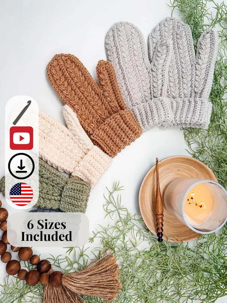 CROCHET PATTERN + VIDEO Winter Wheat Stitch Crochet Mittens Pattern - 6 Sizes Baby to Adult, Flat One-Piece Design Wheat Stitch™ Gloves