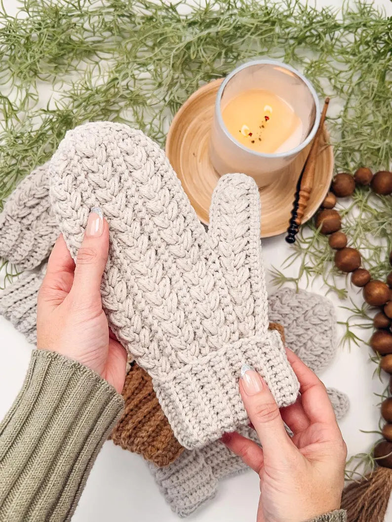CROCHET PATTERN + VIDEO Winter Wheat Stitch Crochet Mittens Pattern - 6 Sizes Baby to Adult, Flat One-Piece Design Wheat Stitch™ Gloves