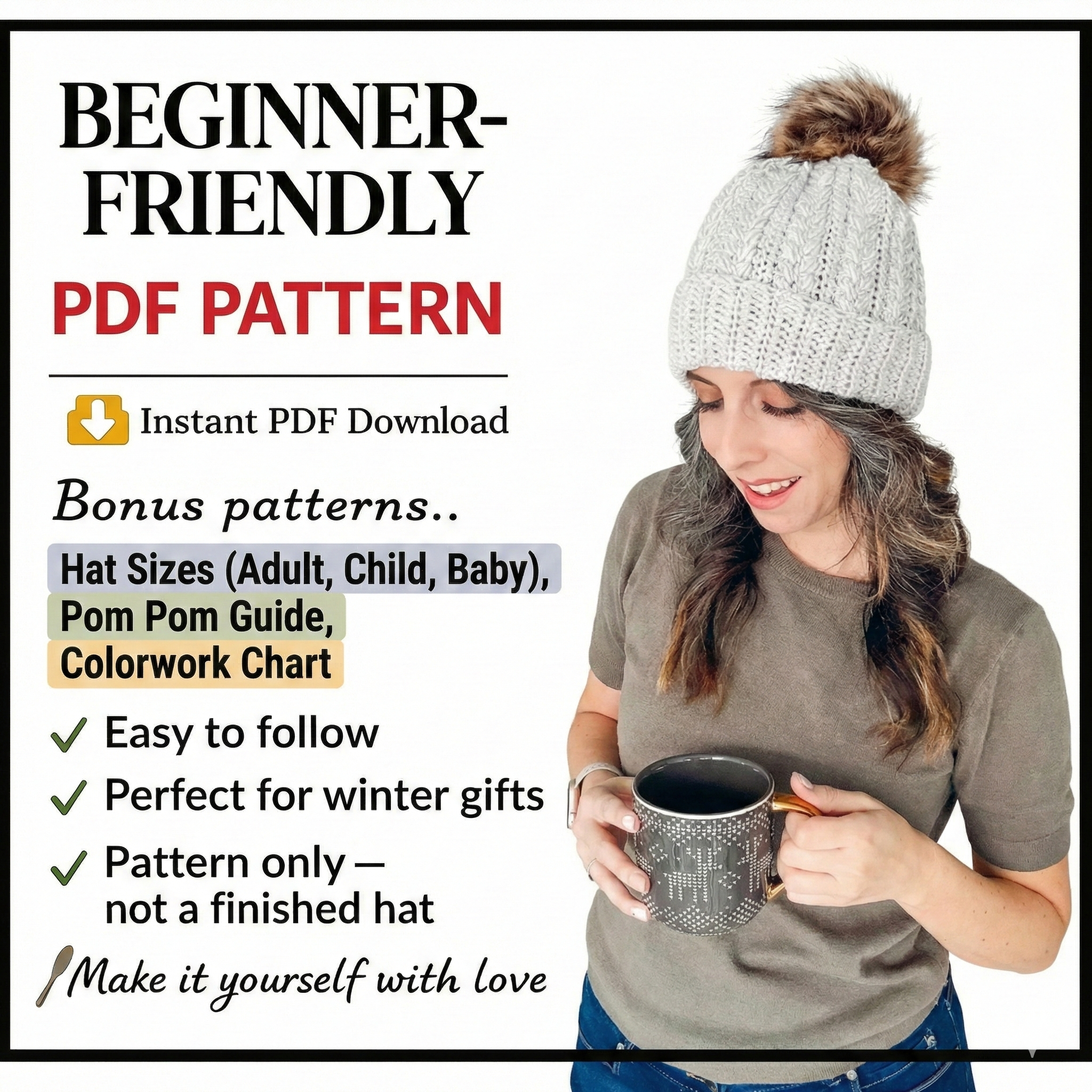 Crochet Hat Pattern, Instant Download. Winter Beanie in 8 Size Newborn to Adult Crochet Flat
