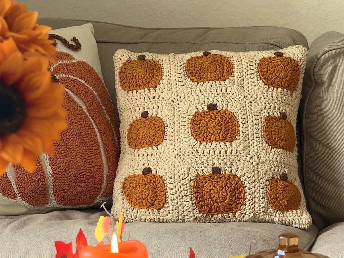Pumpkin Granny Square Cushion Crochet Pattern — Autumn Pillow Cover in Cream and Rust, US Terms, PDF Download