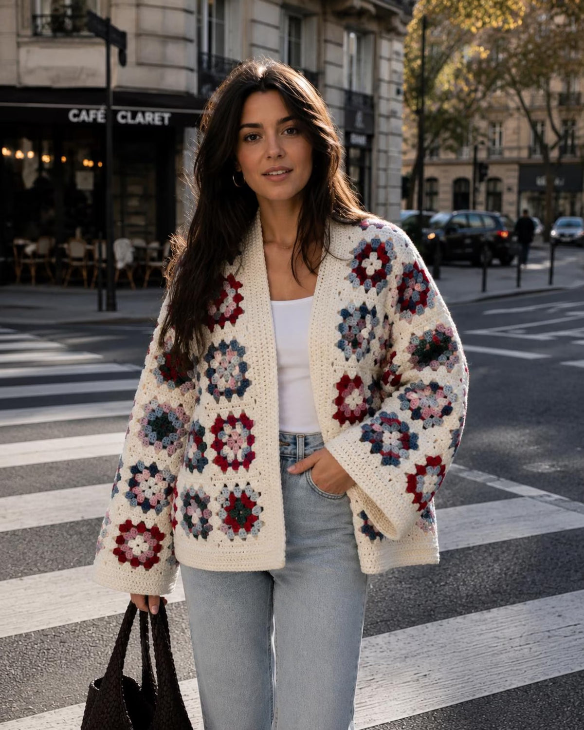 Granny Square Cardigan Crochet Pattern — Cream Oversized Cardigan with Bell Sleeves, Sizes XS–3XL, US Terms, PDF Download