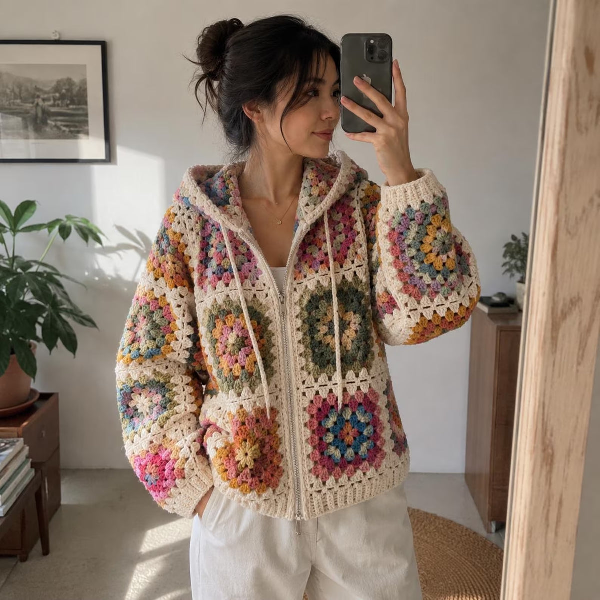 Granny Square Hoodie Crochet Pattern — Zip-Up Hooded Jacket in Cream, Sizes XS–3XL, US Terms, PDF Download