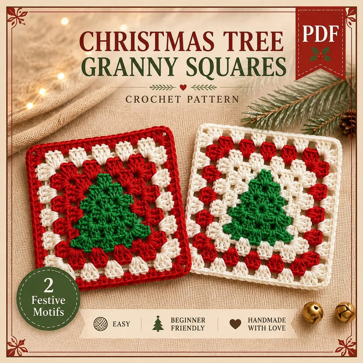Christmas Tree Granny Square Crochet Pattern — 2 Festive Motifs in Red and Cream, Beginner Friendly, US Terms, PDF Download