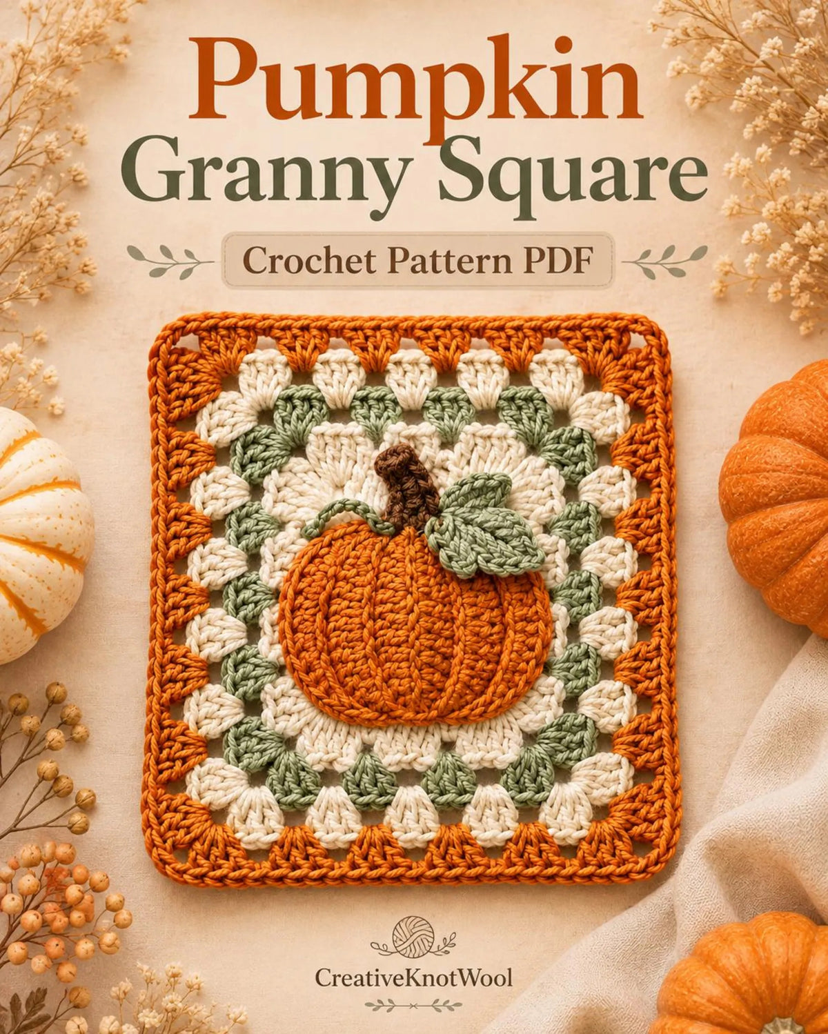 Pumpkin Granny Square Crochet Pattern — Autumn Motif Square for Blankets, Cushions and Bags, US Terms, PDF Download
