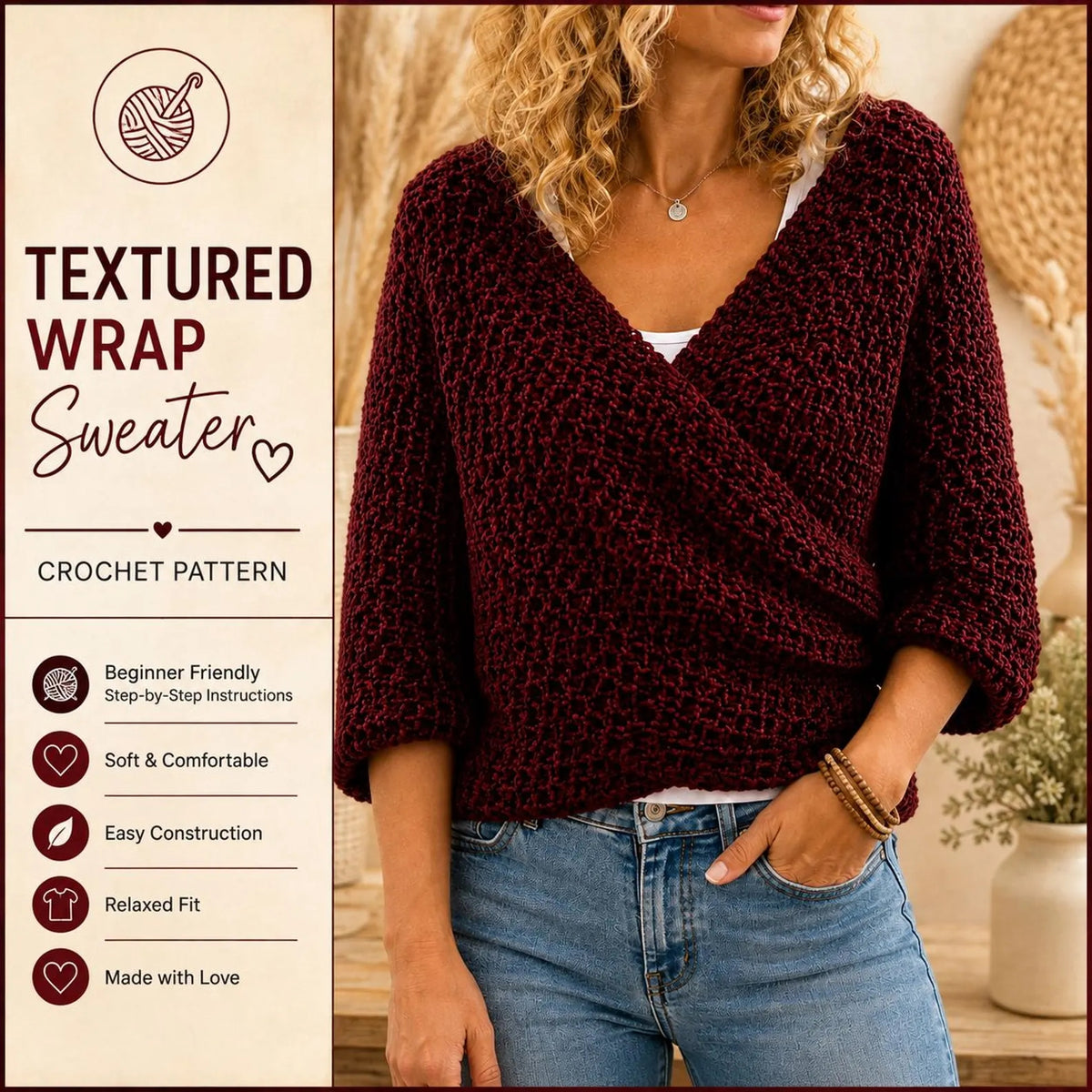 Wrap Front Sweater Crochet Pattern — Textured Surplice Jumper with 3/4 Sleeves, Sizes XS–3XL, US Terms, PDF Download
