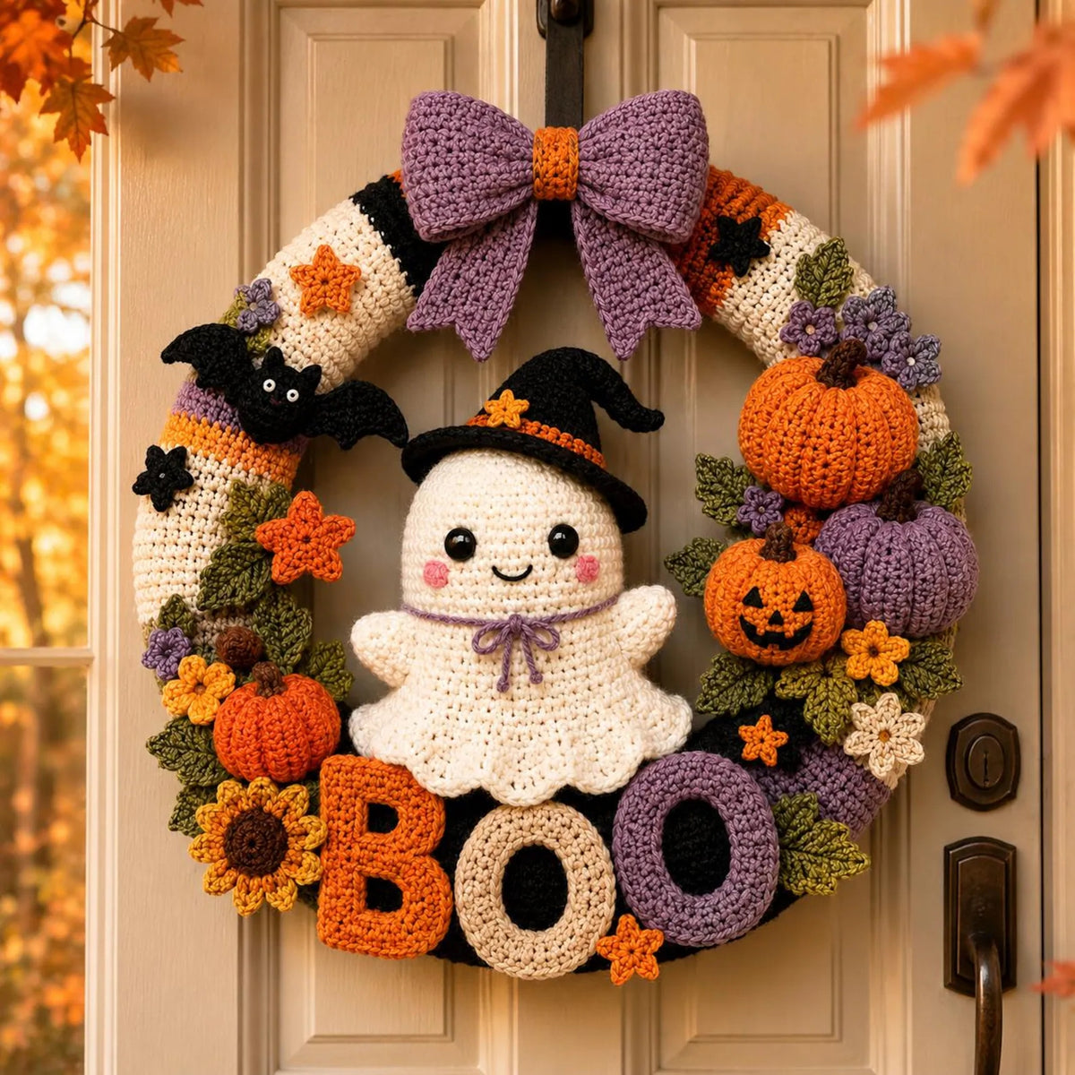 Halloween Wreath Crochet Pattern — Ghost and Pumpkin Door Wreath with BOO Letters, US Terms, PDF Download