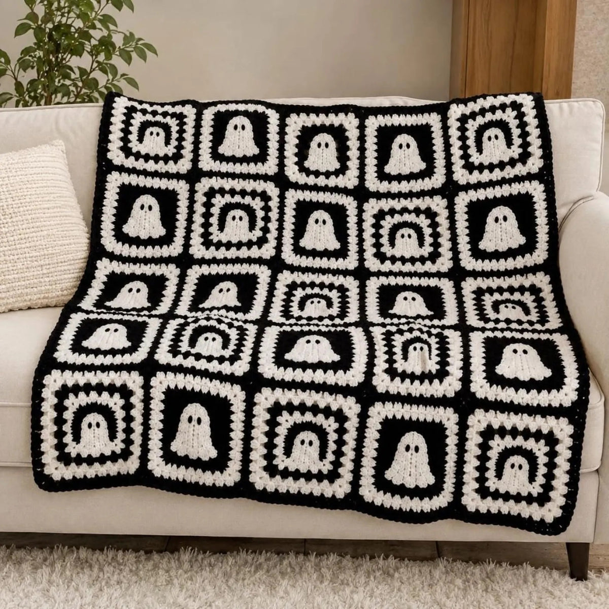 Ghost Granny Square Blanket Crochet Pattern | Black & White Halloween Throw | Beginner Granny Square Project | PDF Instant Download 2
