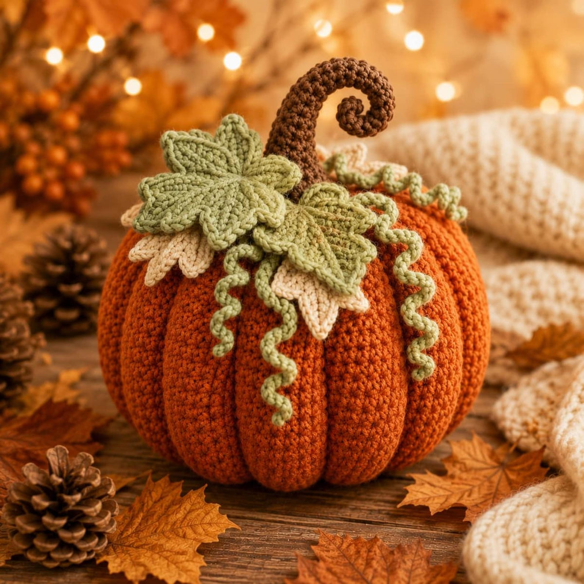 Crochet Pumpkin Pattern — Large Ribbed Amigurumi Pumpkin with Maple Leaves and Curled Tendrils, US Terms, PDF Download