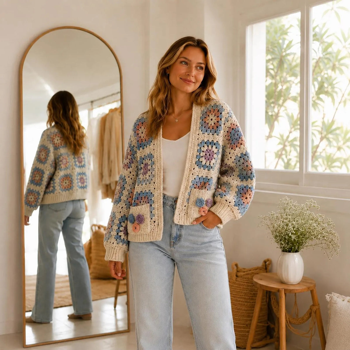 Granny Square Cardigan Crochet Pattern — Cream Boho Cardigan with Pockets and 3D Flowers, Sizes XS–3XL, US Terms, PDF Download