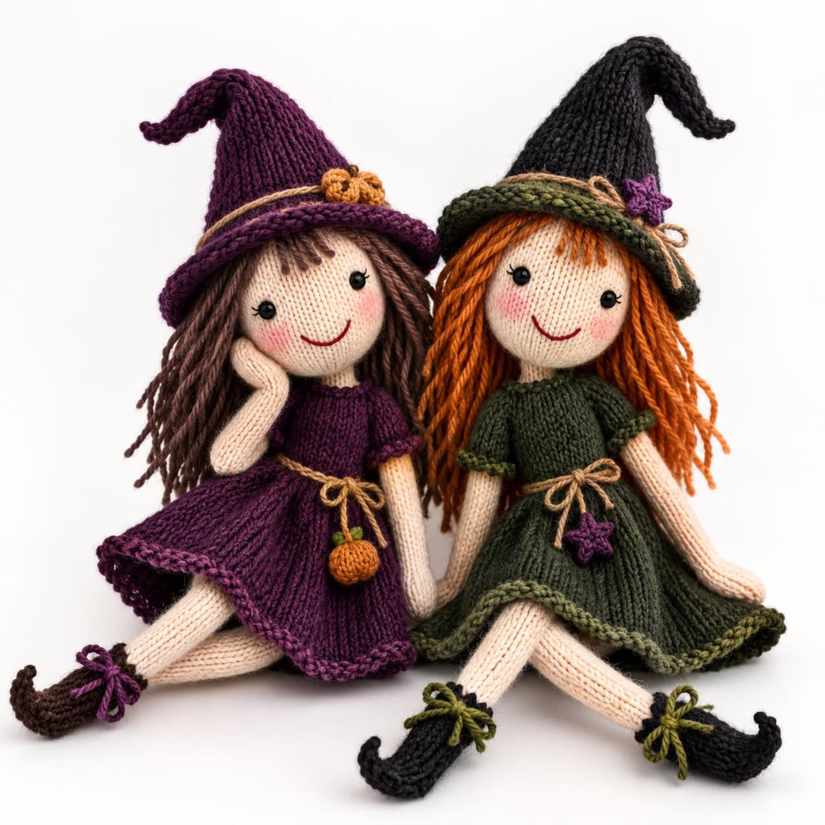 Knitted Witch Doll Pattern | Two Cottage Witches with Hats, Dresses & Curled Boots | KNITTING Pattern PDF | Instant Download
