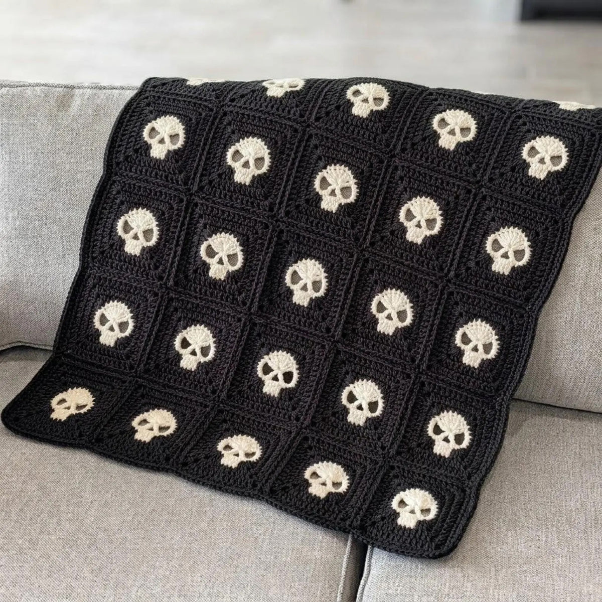 Skull Granny Square Blanket Crochet Pattern — Black and Cream Gothic Throw, 4 Sizes, US Terms, PDF Download