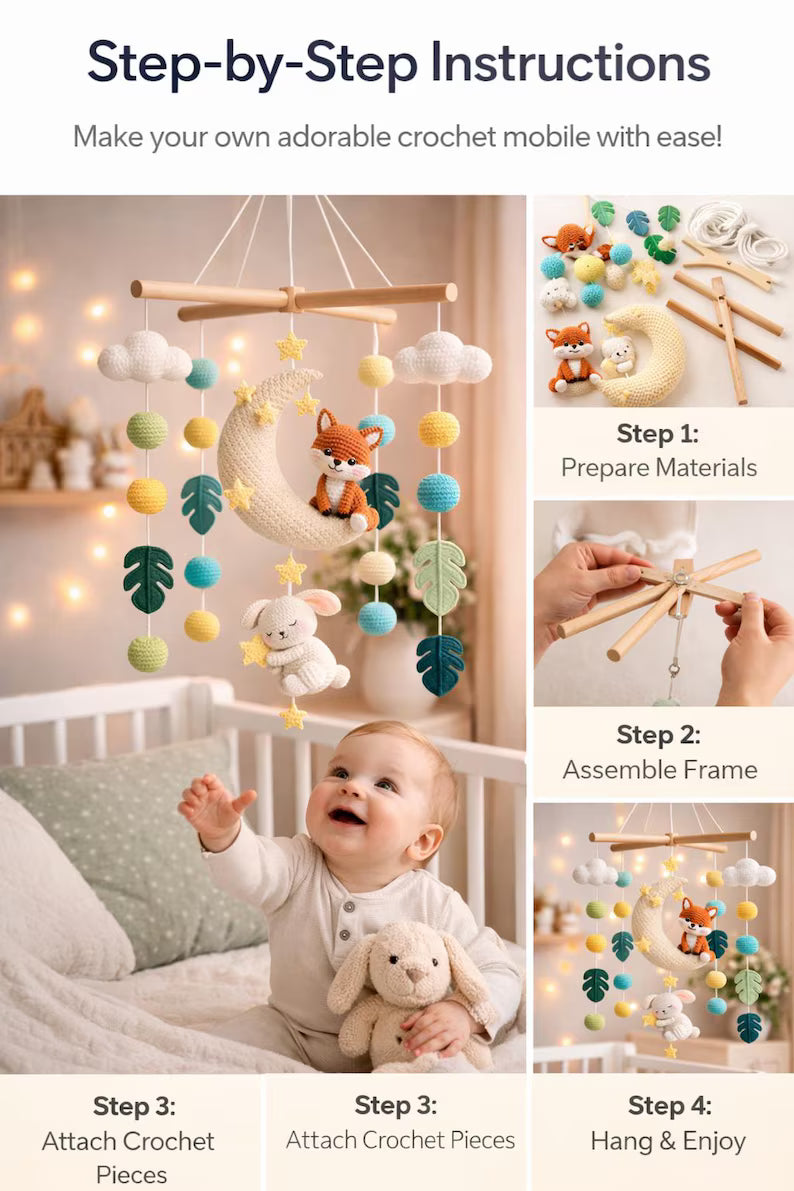 safari Woodland Baby Mobile Crochet Pattern PDF, Moon Fox Bunny Nursery Mobile, DIY Crib Hanging Toy, Neutral Baby Gift, Amigurumi Pattern