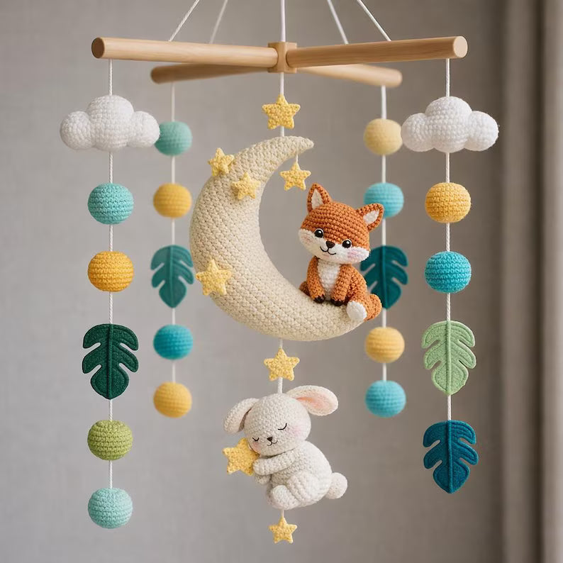 safari Woodland Baby Mobile Crochet Pattern PDF, Moon Fox Bunny Nursery Mobile, DIY Crib Hanging Toy, Neutral Baby Gift, Amigurumi Pattern