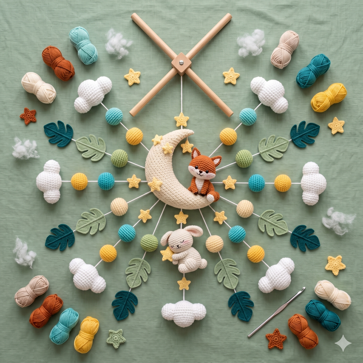 safari Woodland Baby Mobile Crochet Pattern PDF, Moon Fox Bunny Nursery Mobile, DIY Crib Hanging Toy, Neutral Baby Gift, Amigurumi Pattern