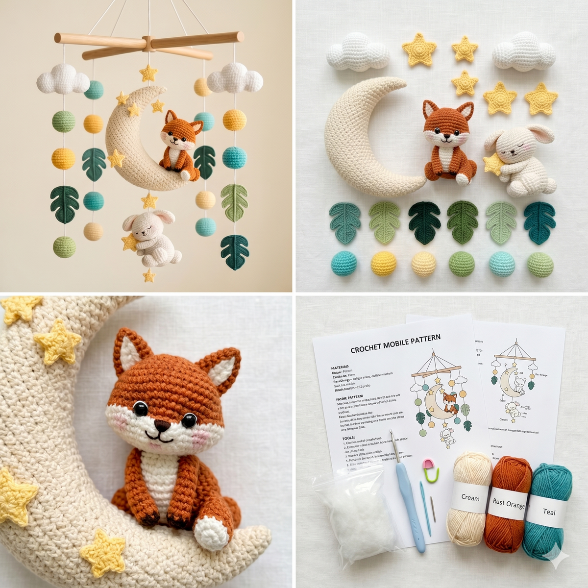 safari Woodland Baby Mobile Crochet Pattern PDF, Moon Fox Bunny Nursery Mobile, DIY Crib Hanging Toy, Neutral Baby Gift, Amigurumi Pattern