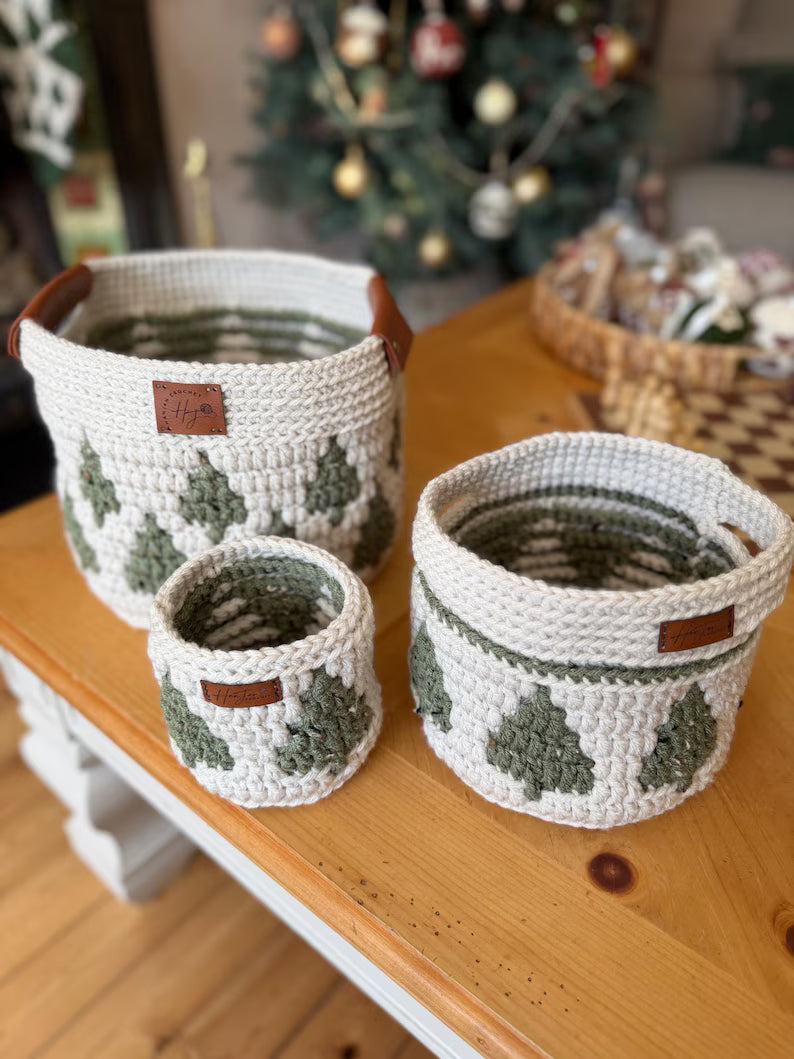 CROCHET PATTERN + VIDEO - Twinkling Trees Mosaic Crochet Baskets — 3 Nesting Sizes storage, gift, plantholder, Charts Included in Pdf