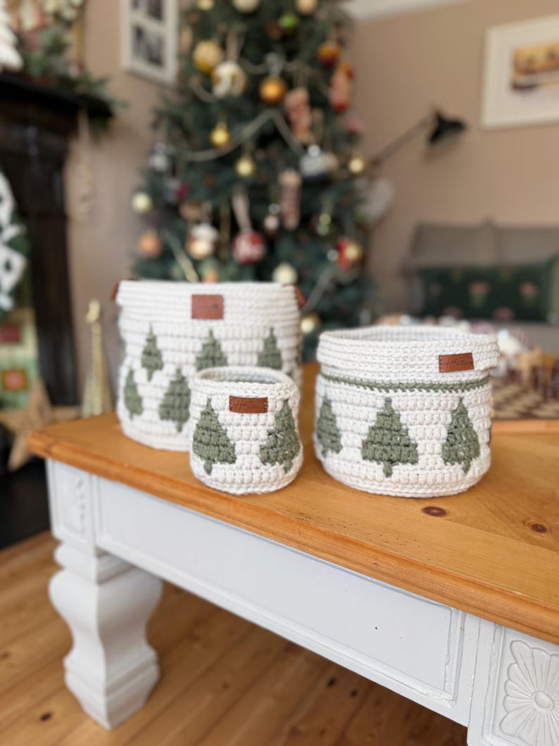 CROCHET PATTERN + VIDEO - Twinkling Trees Mosaic Crochet Baskets — 3 Nesting Sizes storage, gift, plantholder, Charts Included in Pdf
